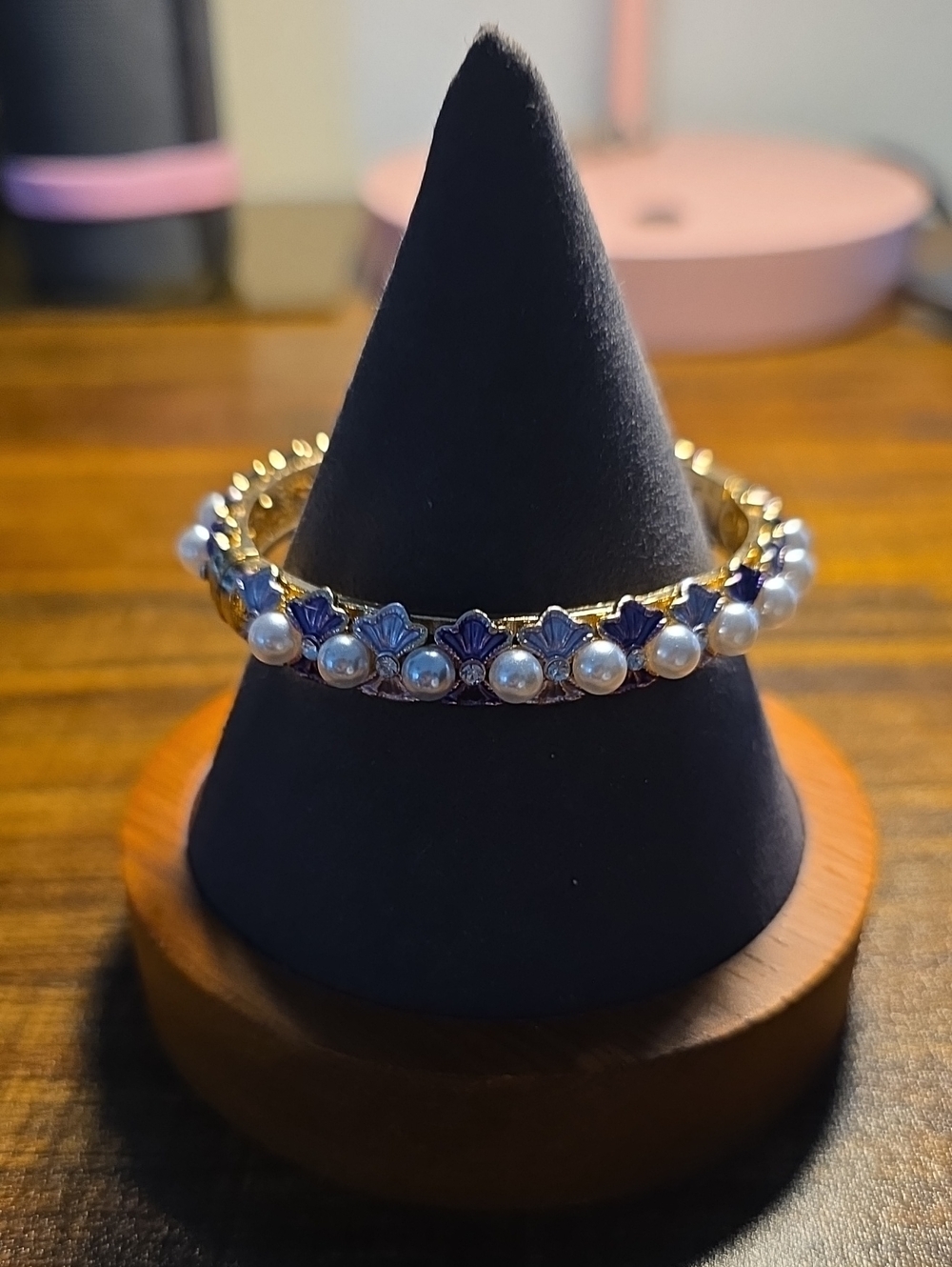 S. B   NWT Gold Pearl & Blue Enamel Floral Bangle